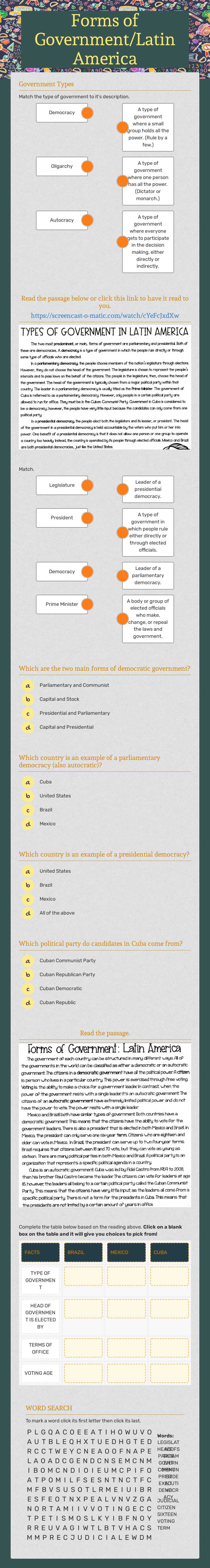 Forms of Government/Latin America Grade 6 worksheet preview