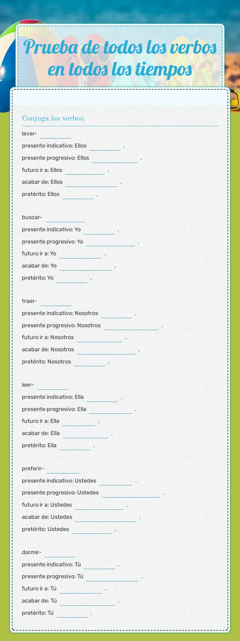 Prueba de todos los verbos en todos los tiempos worksheet preview image