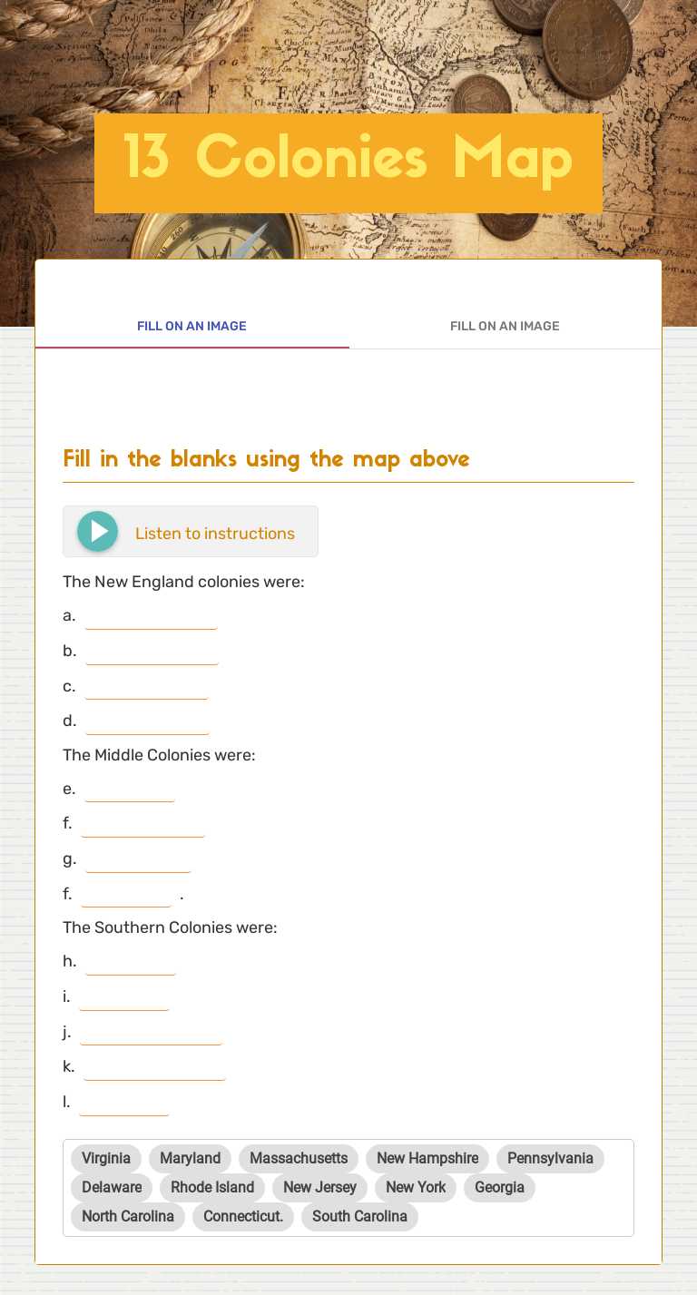 13 Colonies Map worksheet preview image