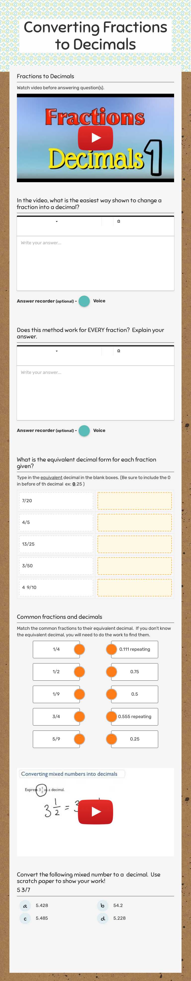Converting Fractions to Decimals Grade 6 worksheet preview