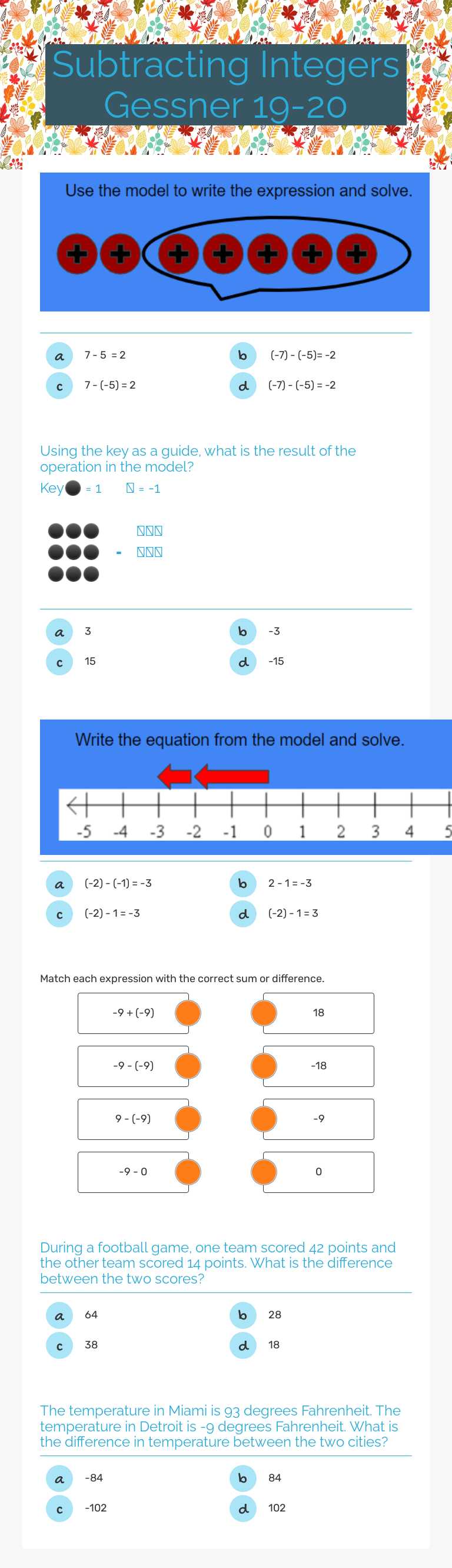 Subtracting Integers                                        
 Gessner 19-20 worksheet preview image