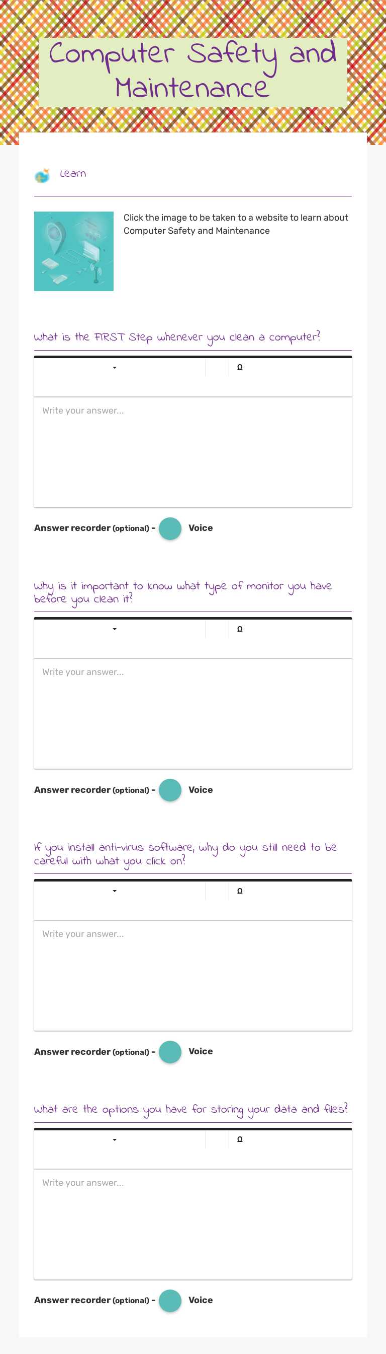Computer Safety and Maintenance worksheet preview