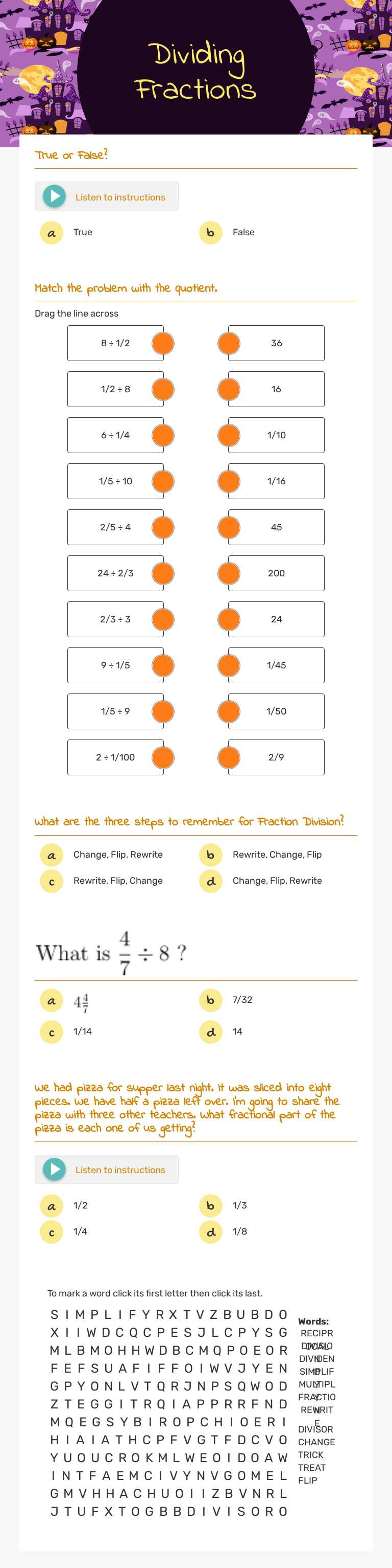 Dividing Fractions Grade 6 worksheet preview