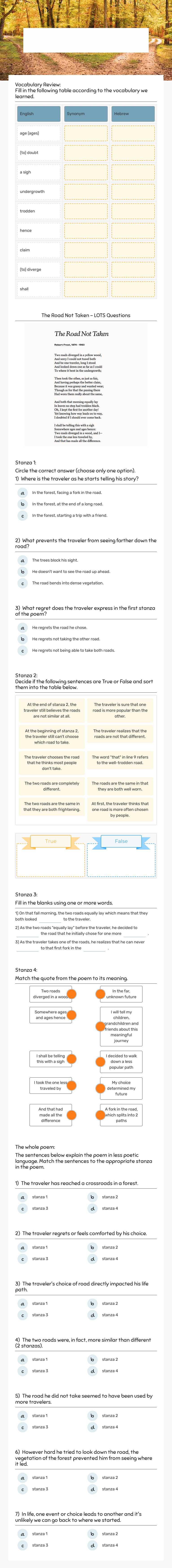The Road Not Taken Task 2 worksheet preview image