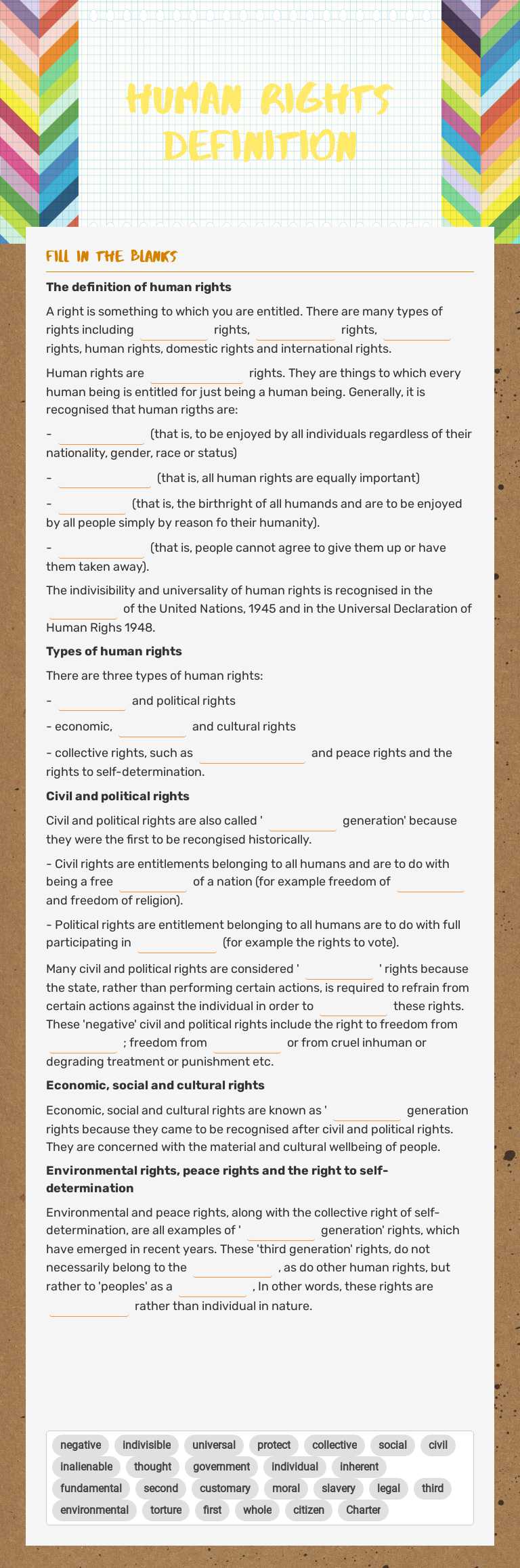 Human rights Definition worksheet preview image