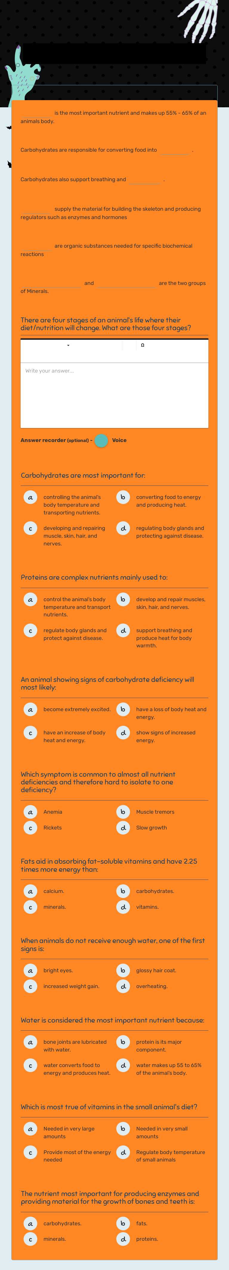 Small Animal Nutrition Worksheet worksheet preview image