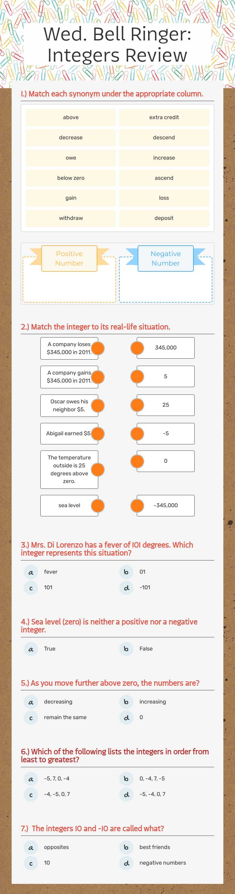 Wed. Bell Ringer: Integers Review Grade 6 worksheet preview