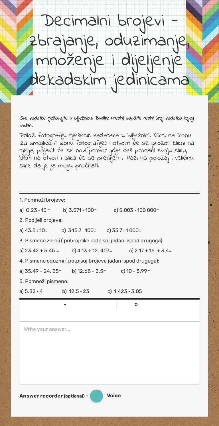 Decimalni brojevi - zbrajanje, oduzimanje, množenje i dijeljenje dekadskim jedinicama worksheet preview image
