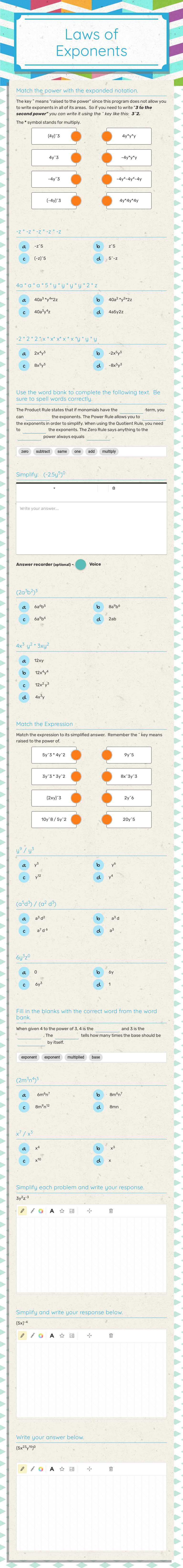Laws of Exponents worksheet preview image