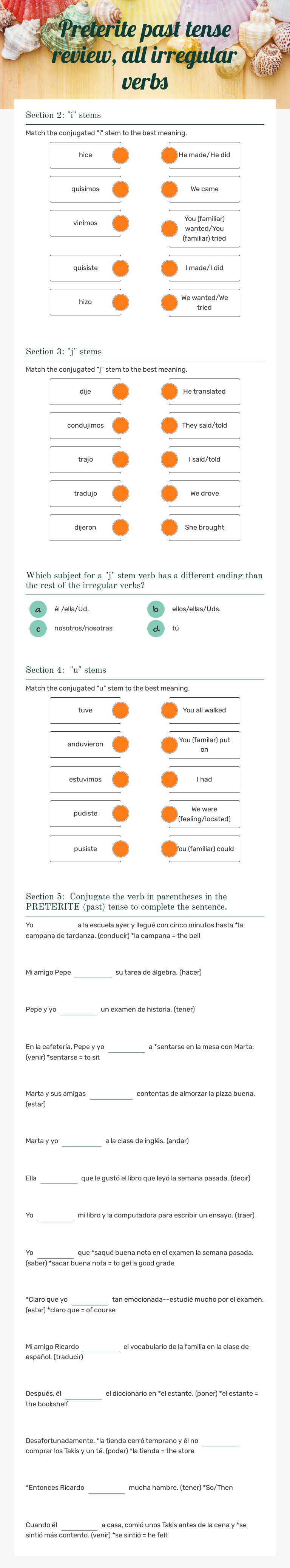 Preterite past tense review, all irregular verbs worksheet preview image