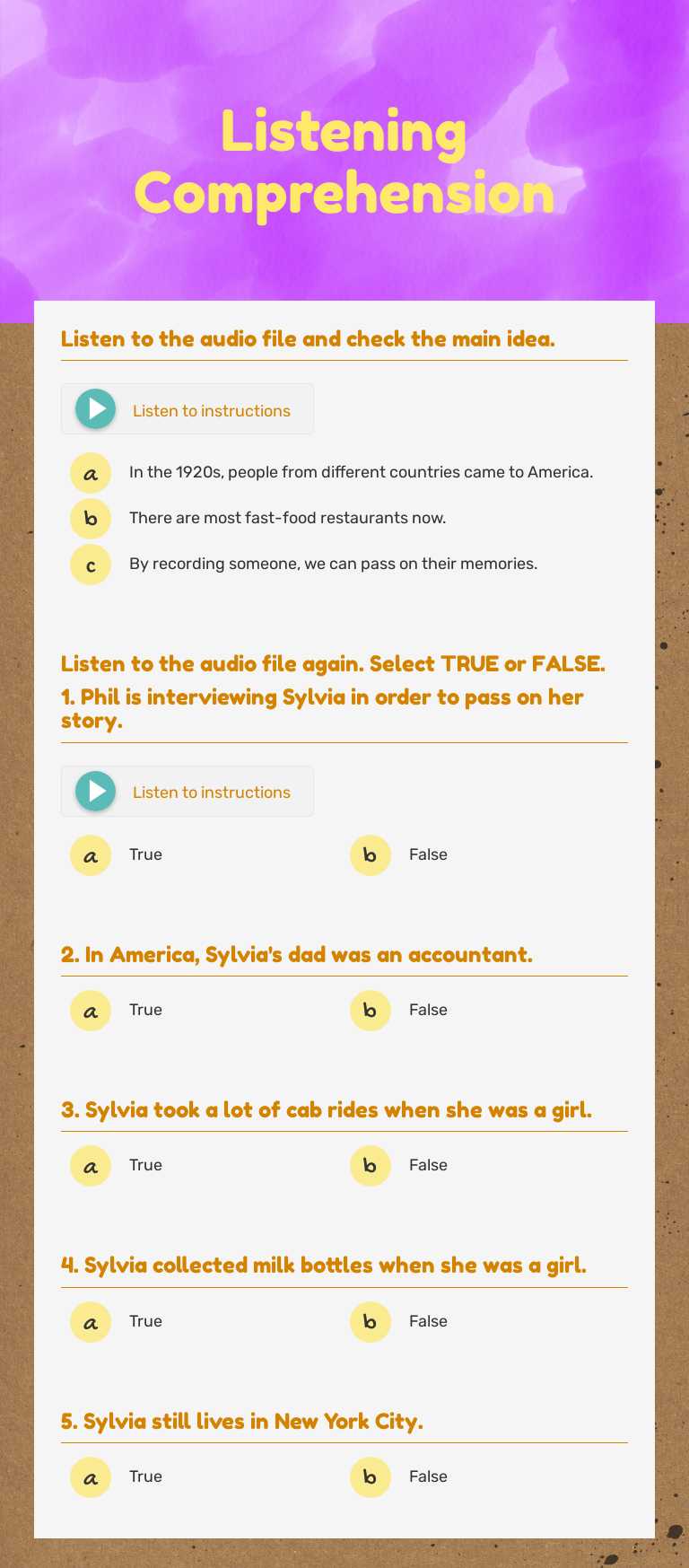 Listening Comprehension worksheet preview image