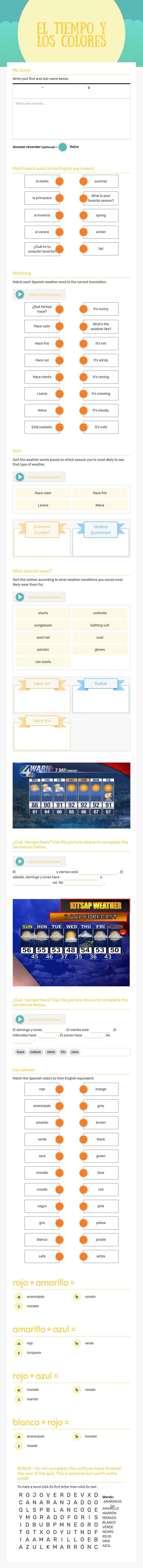 el tiempo y los colores worksheet preview image