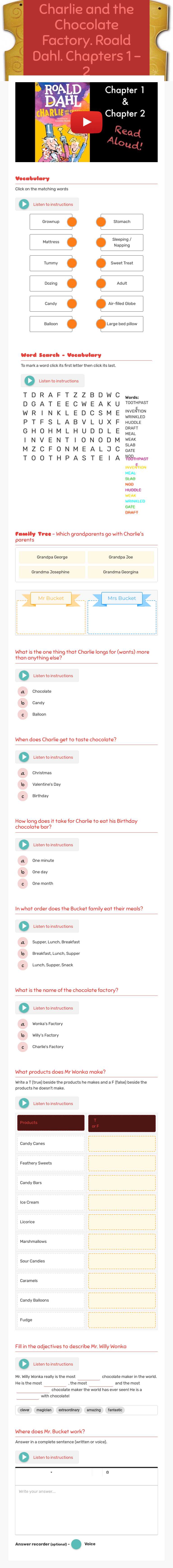 Charlie and the Chocolate Factory. Roald Dahl. Chapters 1 - 2 worksheet preview image