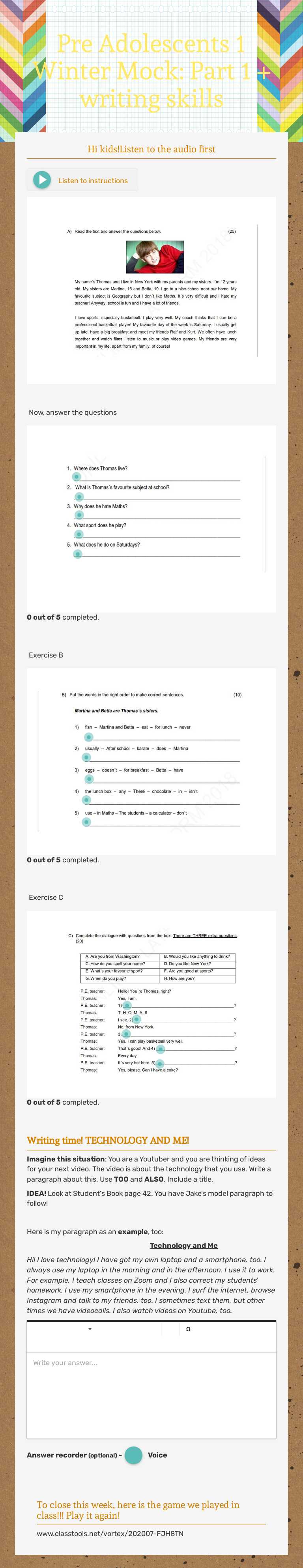 Pre Adolescents 1 Winter Mock: Part 1 + writing skills Grade 5 worksheet preview