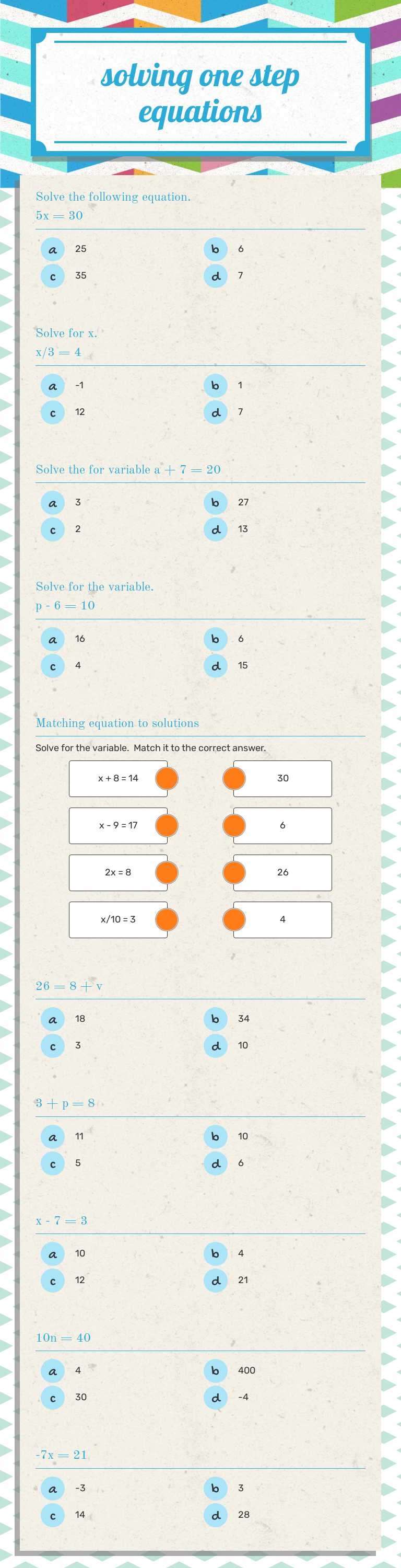 solving one step equations Grade 6 worksheet preview