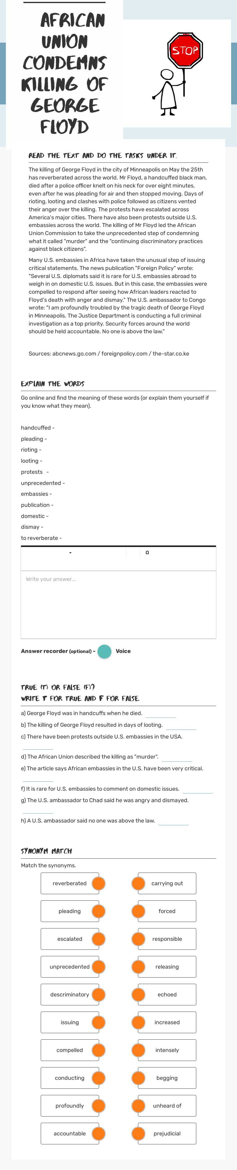 _african union condemns killing of george floyd worksheet preview image