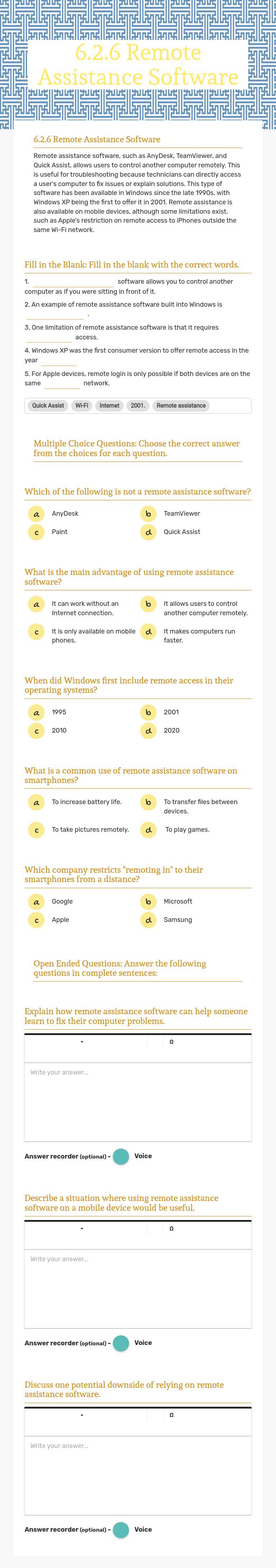 6.2.6 Remote Assistance Software worksheet preview image