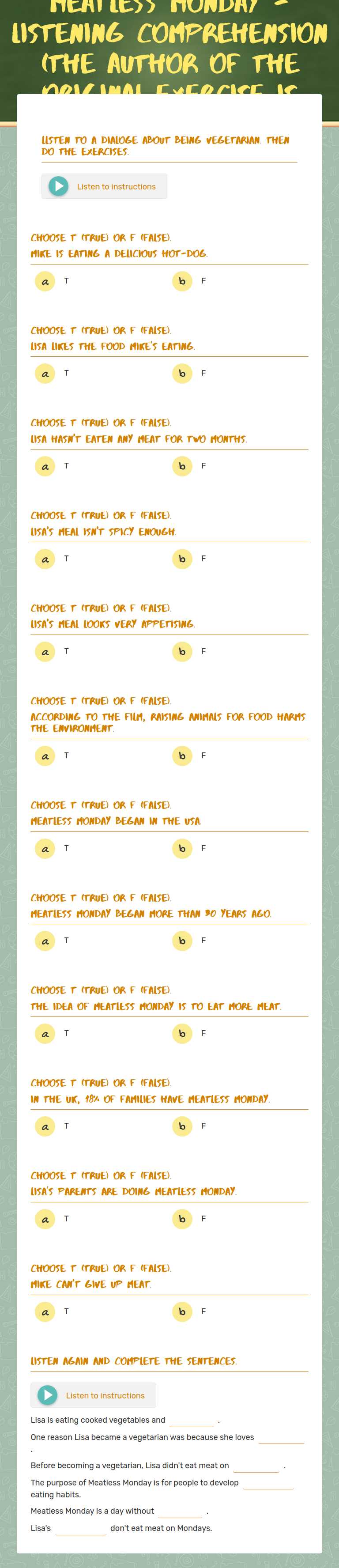MEATLESS MONDAY - Listening comprehension  (the author of the original exercise is rmartinandres) worksheet preview image