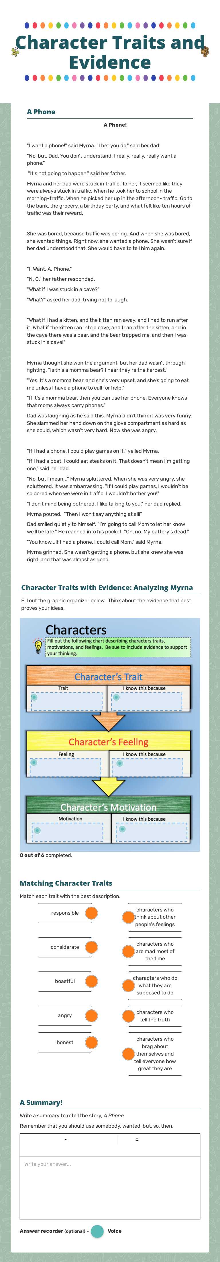 Character Traits and Evidence worksheet preview image