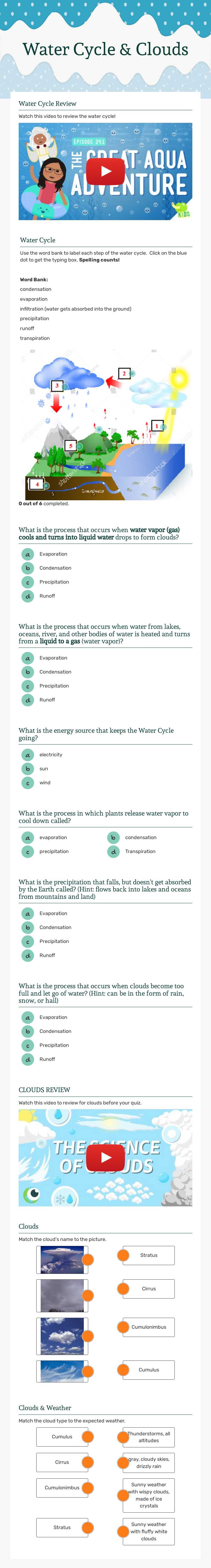 Water Cycle & Clouds Grade 6 worksheet preview