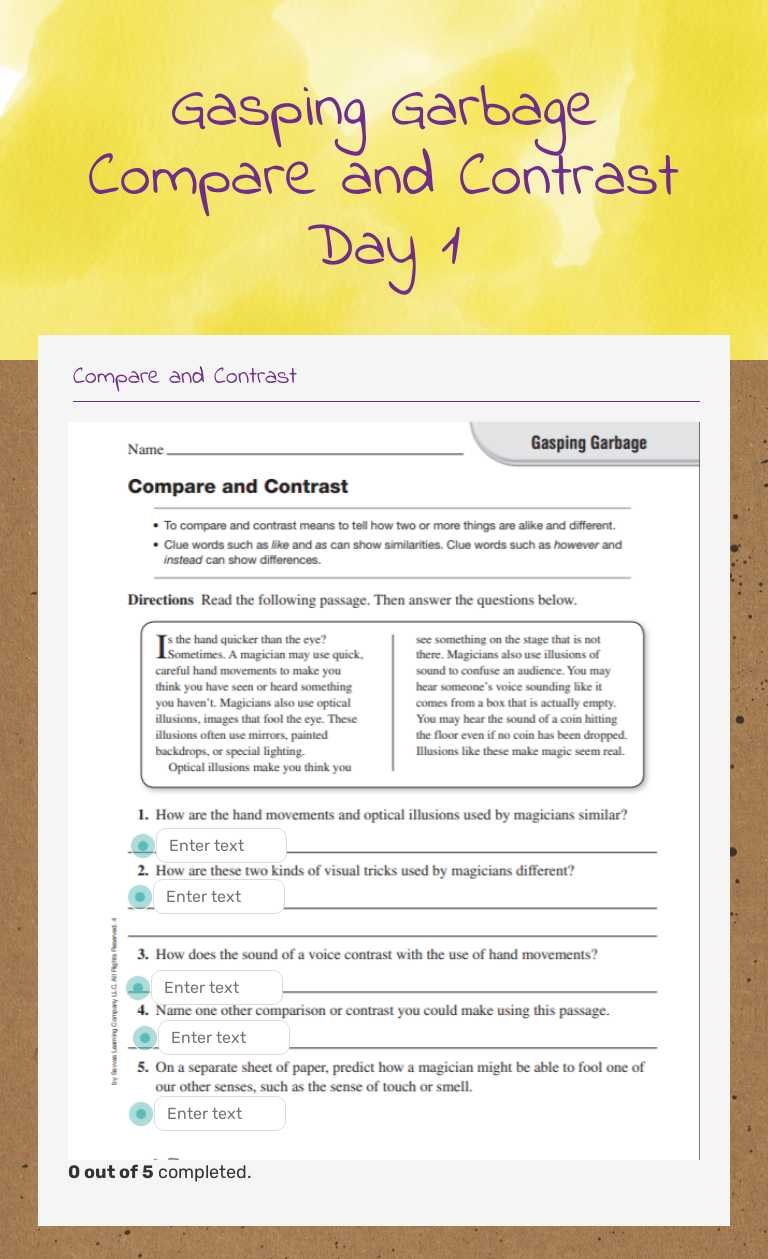 Gasping Garbage Compare and Contrast Day 1 Grade 4 worksheet preview