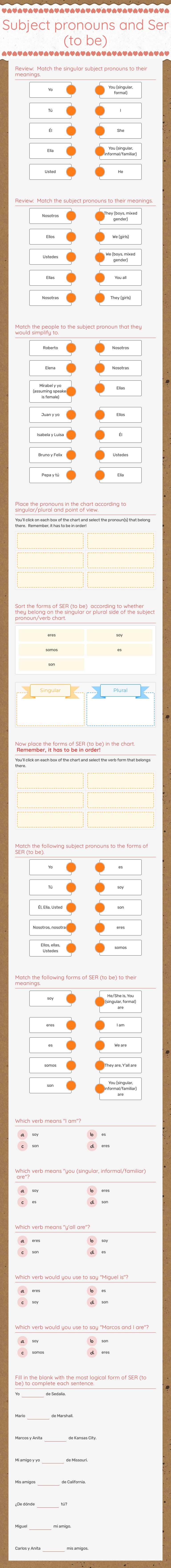 Subject pronouns and Ser (to be) worksheet preview image