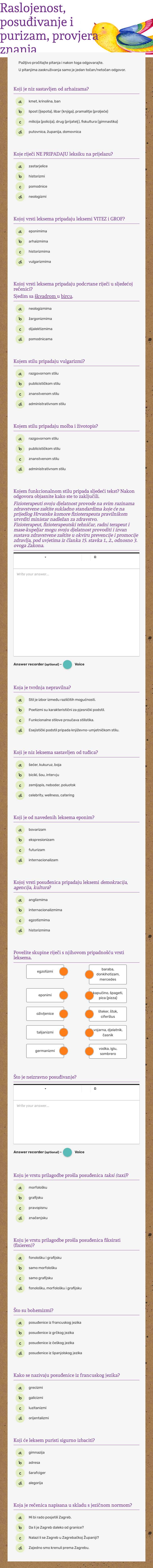 Raslojenost, posuđivanje i purizam, provjera znanja Grade 12 worksheet preview