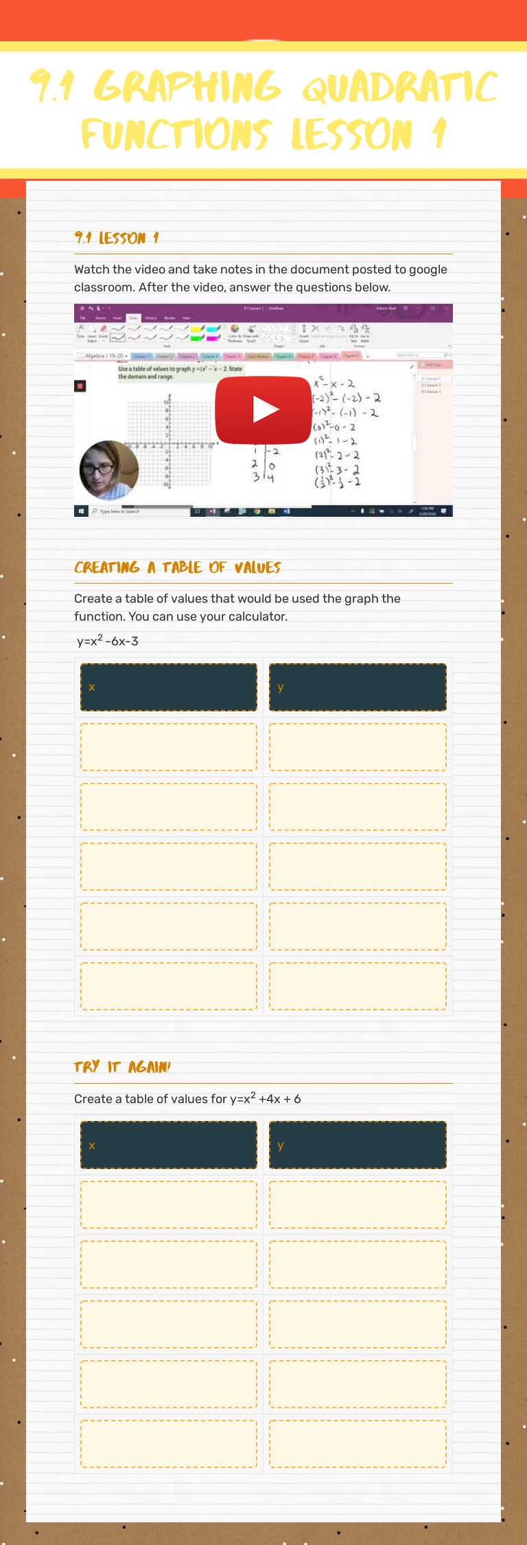 9.1 Graphing Quadratic Functions Lesson 1 worksheet preview image