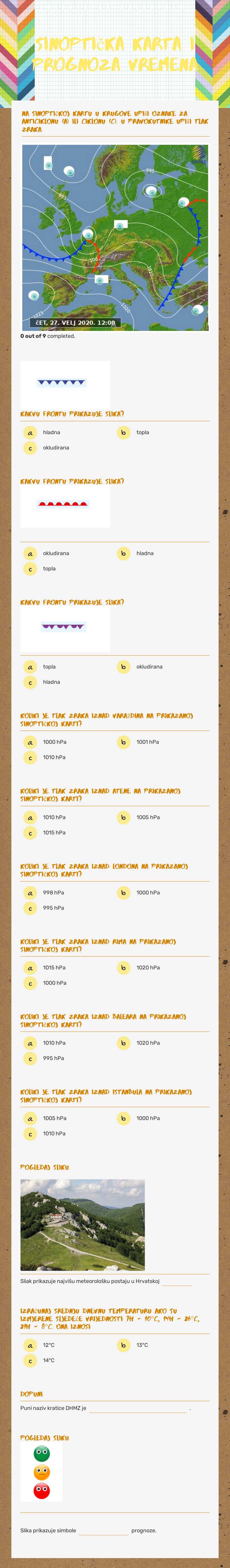 Sinoptička karta i PROGNOZA VREMENA worksheet preview image