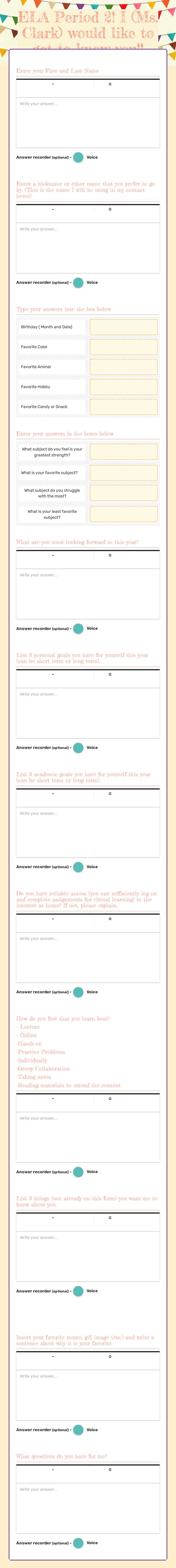 ELA Period 2! I (Ms. Clark) would like to get to know you!! Grade 7 worksheet preview