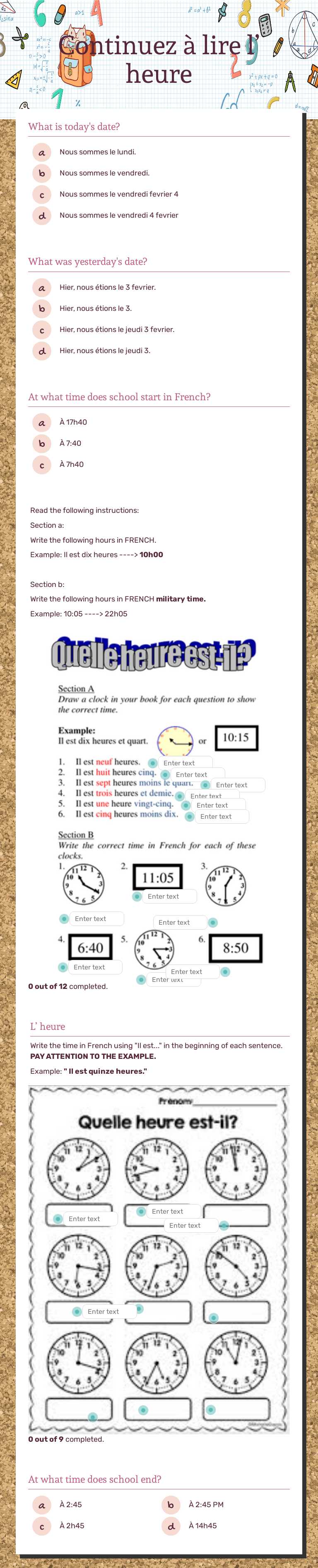 Continuez à lire l’ heure worksheet preview image