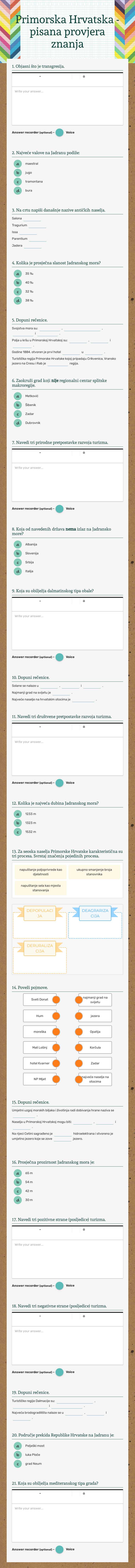 Primorska Hrvatska - pisana provjera znanja Grade 8 worksheet preview