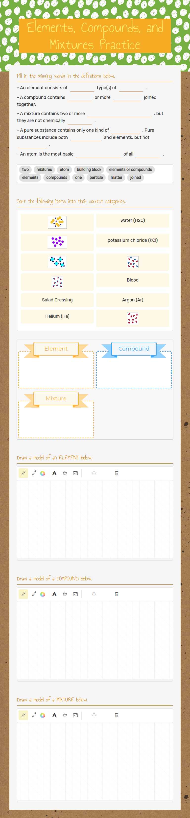 Elements, Compounds, and Mixtures Practice worksheet preview image