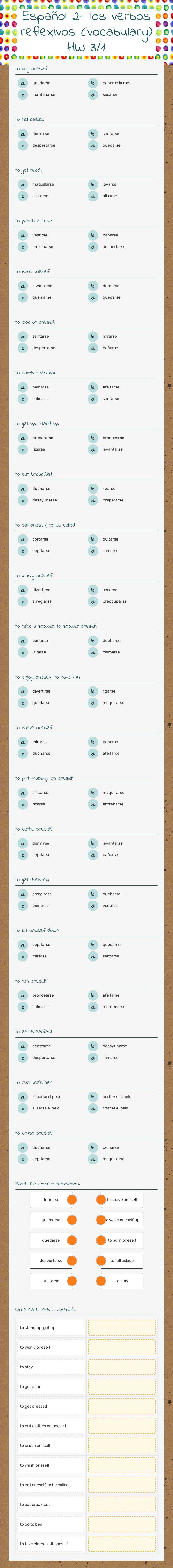 Español 2- los verbos reflexivos (vocabulary) HW 3/1 worksheet preview