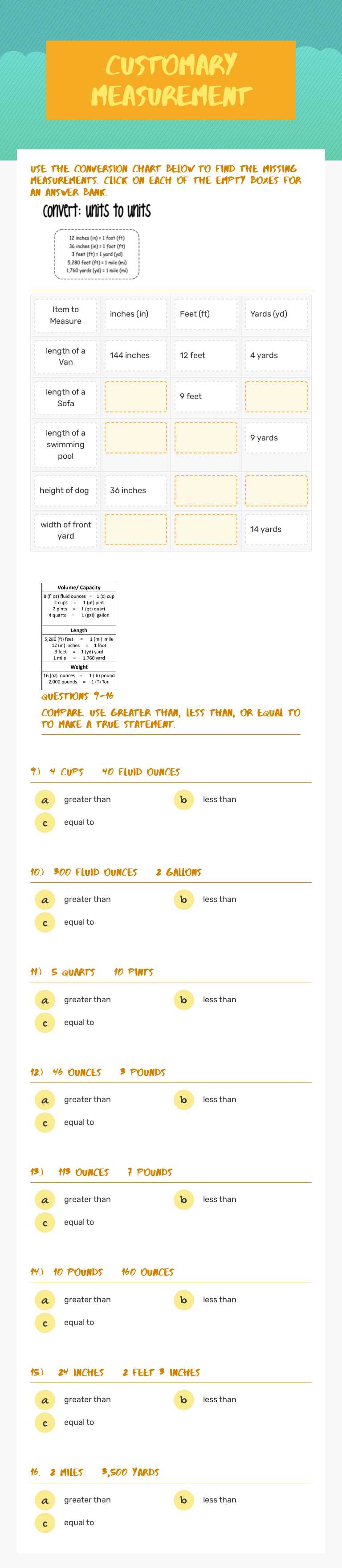 Customary Measurement worksheet preview image