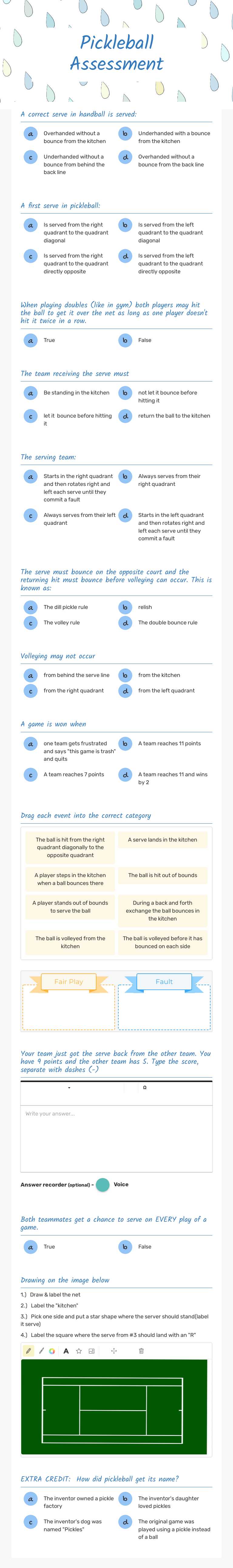 Pickleball Assessment Grade 8 worksheet preview