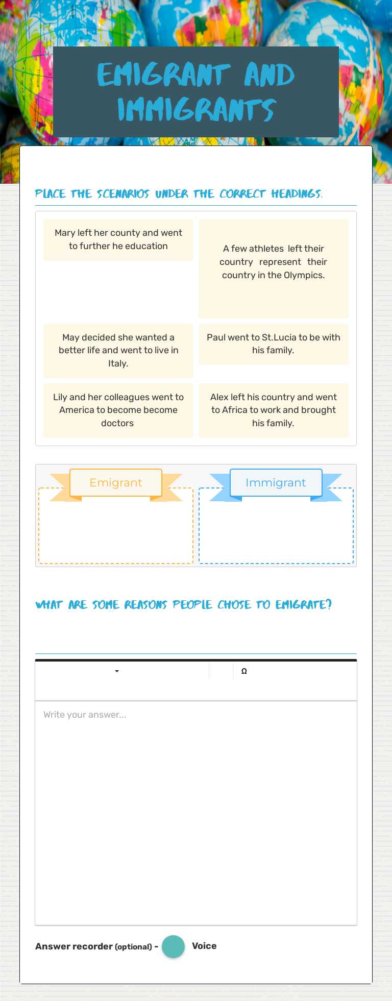 Emigrant and immigrants worksheet preview image