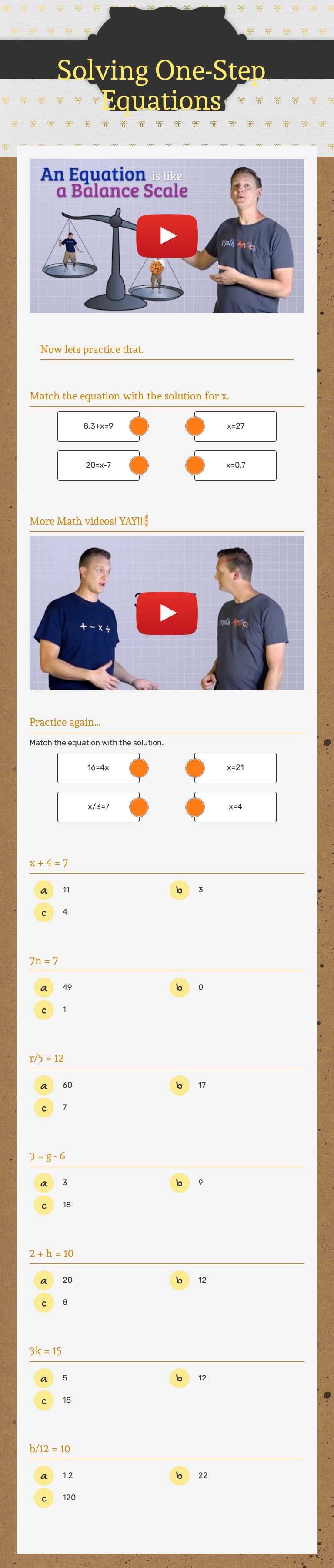 Solving One-Step Equations Grade 7 worksheet preview