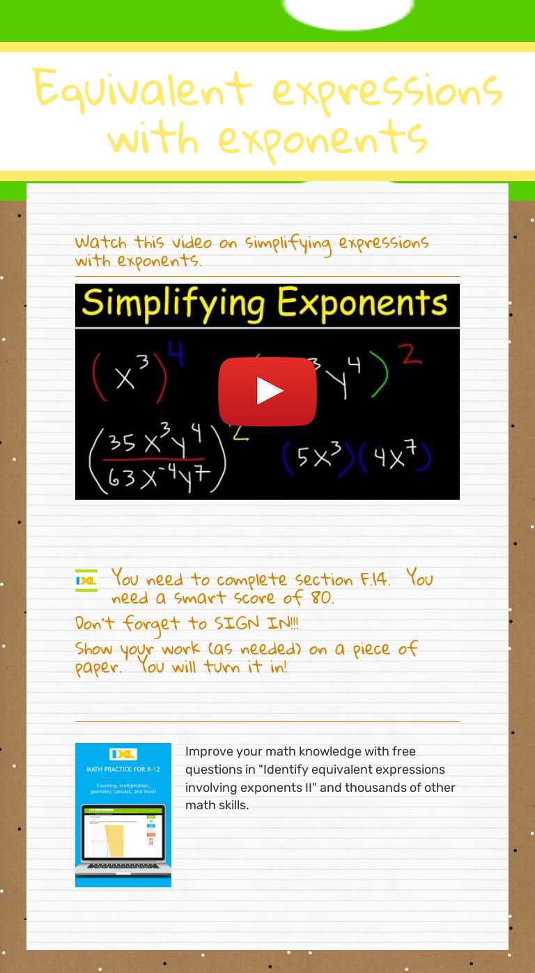 Equivalent expressions with exponents Grade 8 worksheet preview