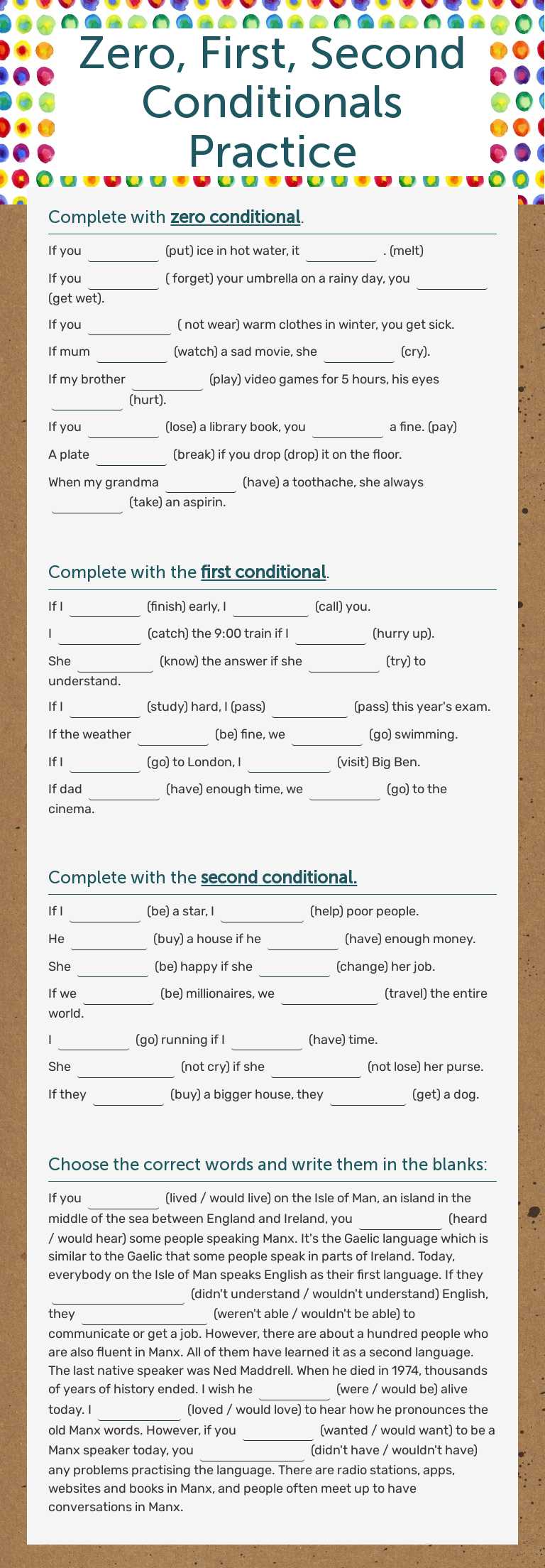 Practice zero, first, and second conditional sentences in English ...
