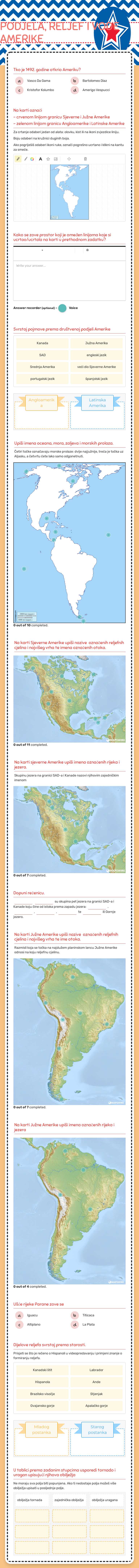 PODJELA, RELJEF I VODE     
               AMERIKE Grade 6 worksheet preview