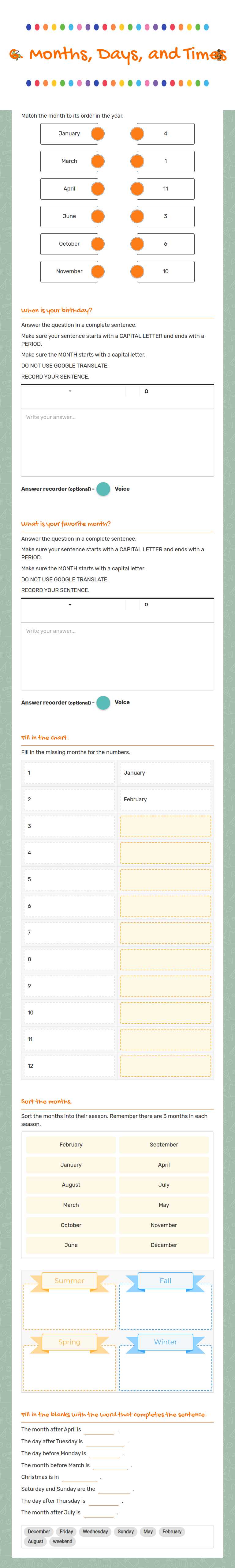 6. Months, Days, and Times worksheet preview image