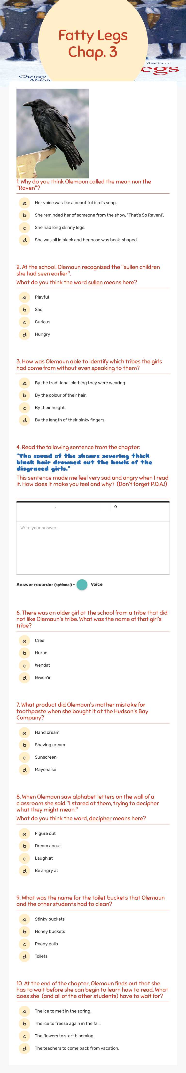 Fatty Legs Chap. 3 worksheet preview image