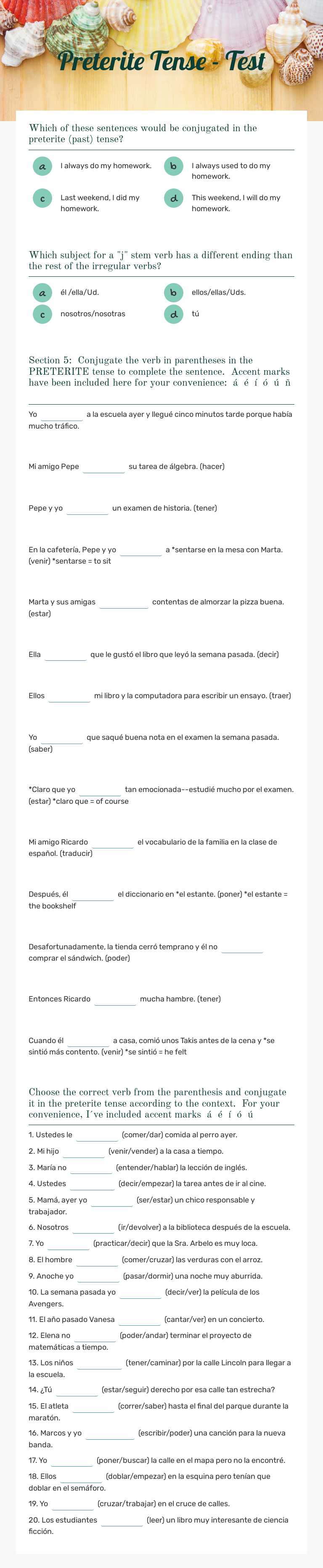 Preterite Tense - Test worksheet preview image