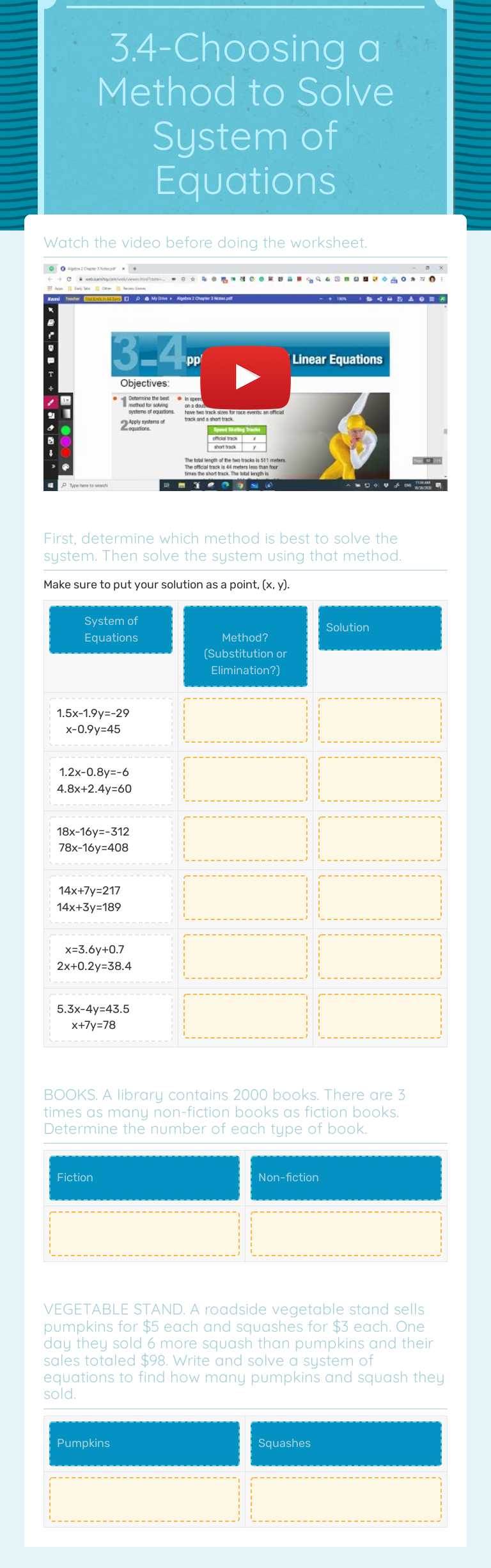 3.4-Choosing a Method to Solve System of Equations worksheet preview image