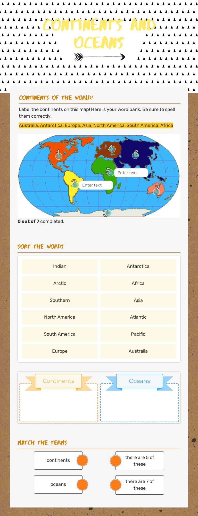 Continents and Oceans worksheet preview image