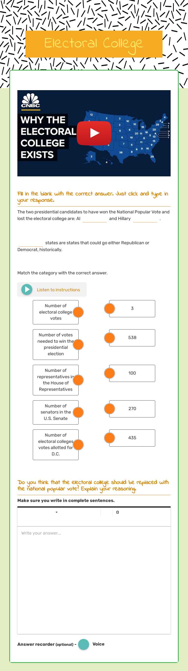 Electoral College worksheet preview image