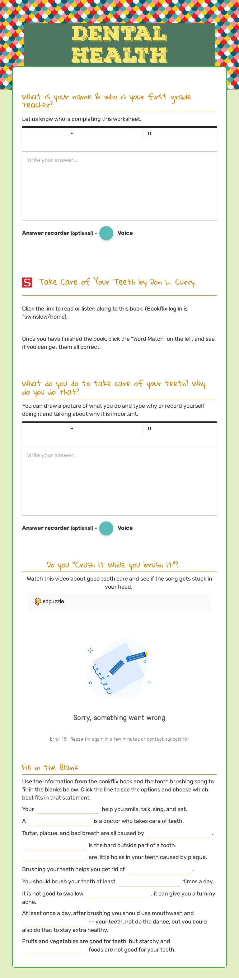 Dental Health worksheet preview image