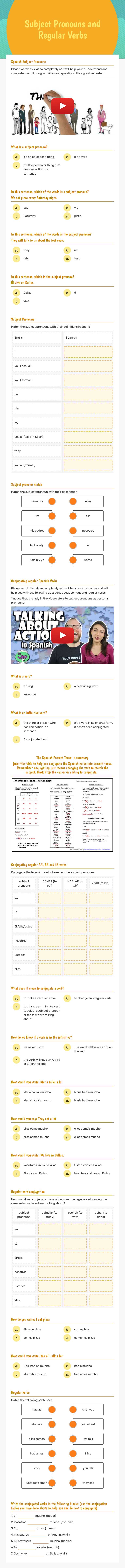 Subject Pronouns and Regular Verbs worksheet preview image