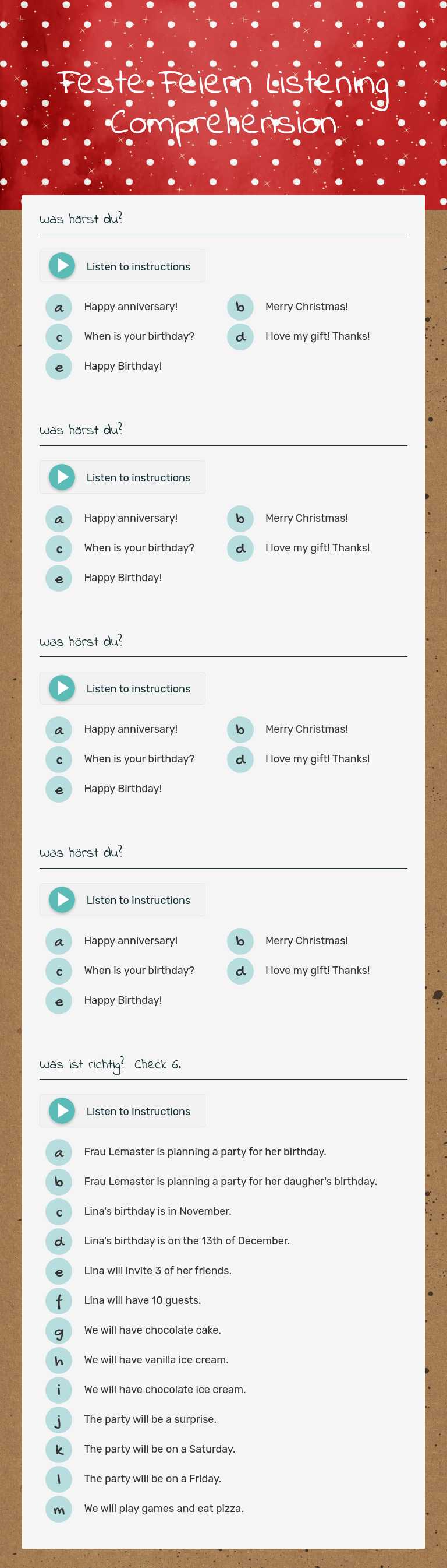 Feste Feiern Listening Comprehension worksheet preview image